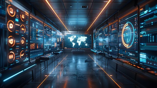 A futuristic room with many computer monitors and a large world map on the wall. The room is filled with bright colors and the atmosphere is energetic and exciting