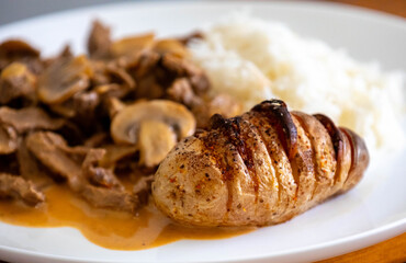 Traditional filet mignon stroganoff with rustic potatoes