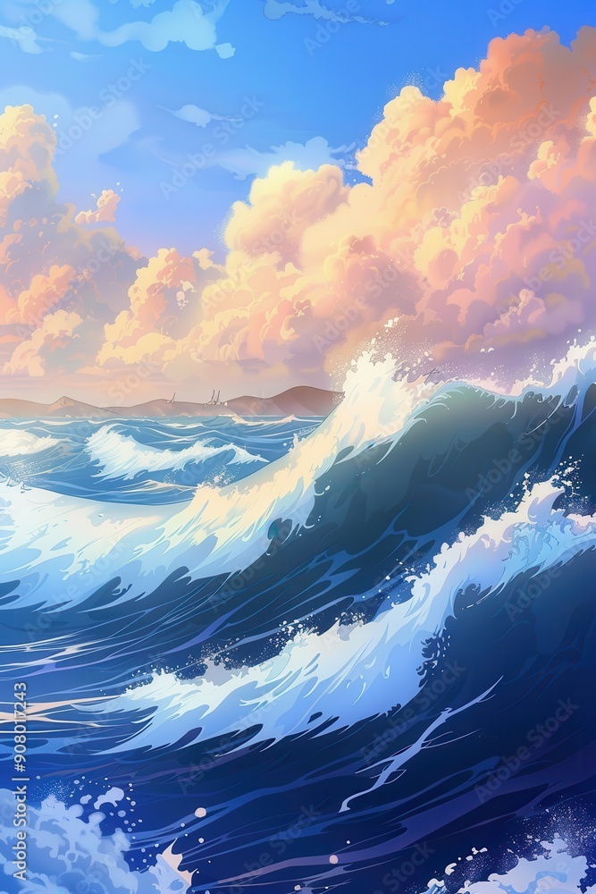 Poster serene oceanic rhythms - abstract wave patterns on soft blue background