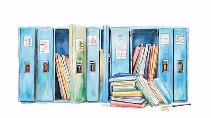 A watercolor painting of blue school lockers filled with notebooks and folders, alongside a stack of books on white background
