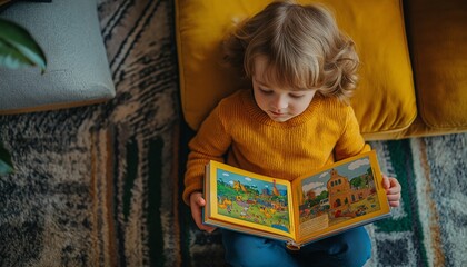 Cute toddler girl reading a colorful picture book.