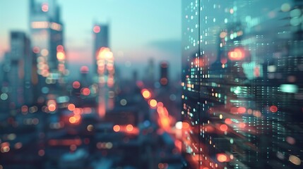 View from the window to the city lights, urban space, night buildings