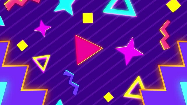 Retro style 90's design memphis vintage with zigzag frame background. Geometrical shapes. Bright glowing neon lights. Party concept.