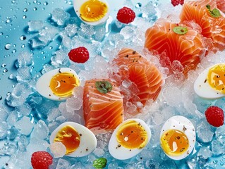 Medium shot of products 'oily fish (cod, salmon), eggs, fortified products' form a letter 'D', themed background 