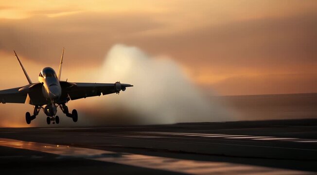Two fighter jets taking off from an aircraft carrier at sunset, with one aircraft already airborne and the second beginning to lift.