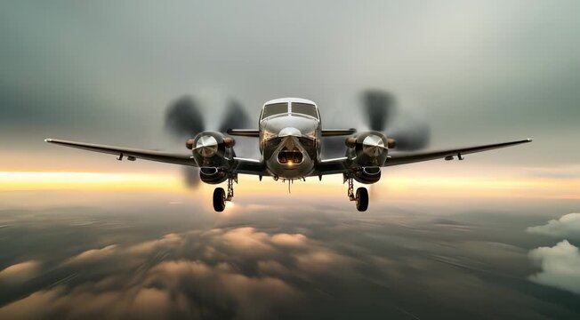 Front view of a twin-engine propeller airplane flying with spinning propellers against a dramatic sunset sky.
