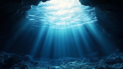 Sunlight beams down into a dark underwater cave, illuminating the rocky seabed.