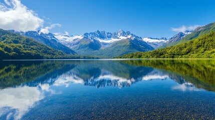 A serene mountain lake with crystal clear water and a stunning reflection of the snow-capped peaks and clouds.