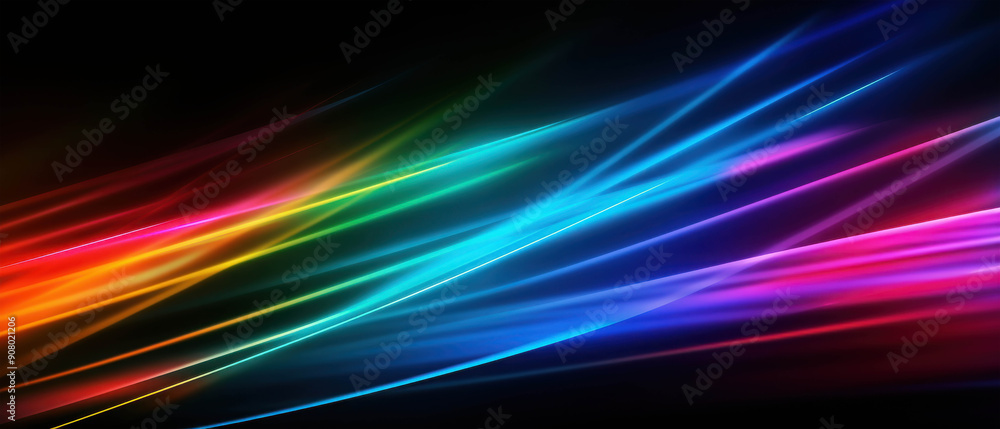 Poster flowing spectrum of multicolored light waves in a dynamic digital landscape creating a serene and vi