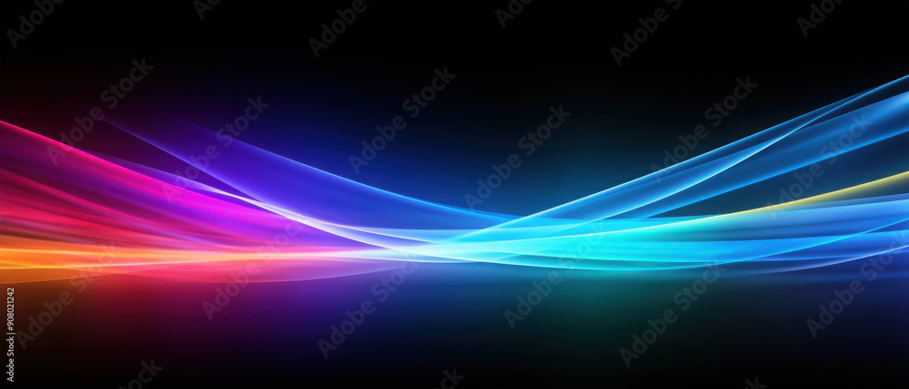 Poster flowing spectrum of multicolored light waves in a dynamic digital landscape creating a serene and vi