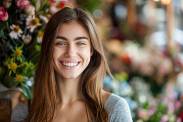 Obraz premium Young smiling cheerful woman florist at flower shop with vibrant flowers on blurred floral background