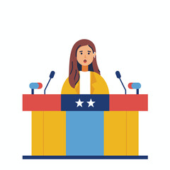 Young woman standing podium giving speech formal event. Female speaker brunette appears worried delivering presentation. Microphones podium decorated stars isolated white background vector