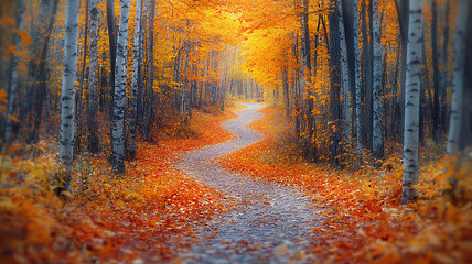 Obraz premium High-resolution image of a winding path through golden autumn trees, crisp leaves underfoot