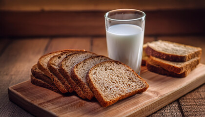 Slices of black wheat bread and a glass of fresh milk on a cutting board on a wooden background; close-up; soft focus; rustic style