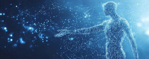 Fototapeta premium Abstract wireframe human figure reaching out in a digital space