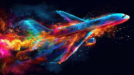 Obraz premium An airplane soars through a colorful, abstract nebula, suggesting the beauty and wonder of air travel and the vastness of space.