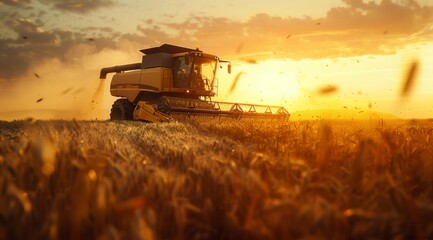 Fototapeta premium A combine harvester in a wheat field during golden hour.