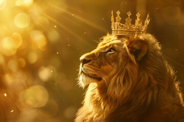 The lion king with a golden crown on his head as a symbol of power and luxury. © SerPhoto