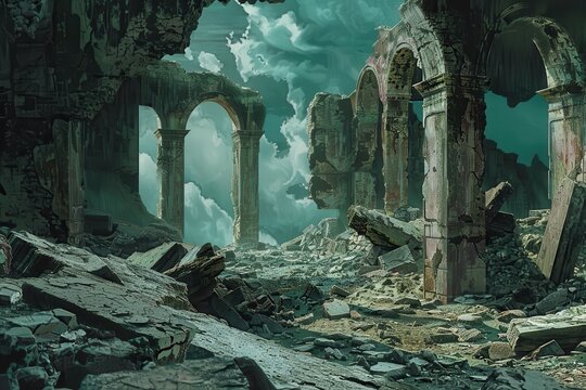 Ruins of an ancient structure with broken arches and pillars shrouded in a cloudy teal sky - Powered by Adobe