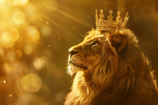 The lion king with a golden crown on his head as a symbol of power and luxury. - Powered by Adobe