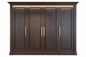 This stylish dark wood wardrobe features sleek golden handles along with an elegant and modern design concept, isolated on white background