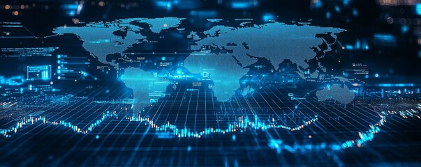 Global digital wireframe world map with data charts and blue glowing interface