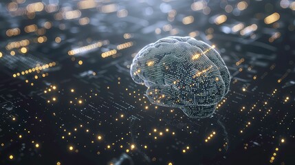A rendered human brain with golden lights on a black surface, suggesting technology and artificial intelligence.