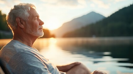 Fototapeta premium Contemplative Senior Peacefully Reflecting by Lakeside with Serene Nature as Stress Reliever - Close Up with Lake Backdrop Overlay