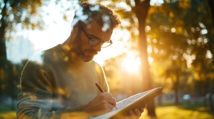 Overcoming Stress: Man Embracing Nature Through Journaling in Tranquil Park Setting with Realistic Double Exposure Effect