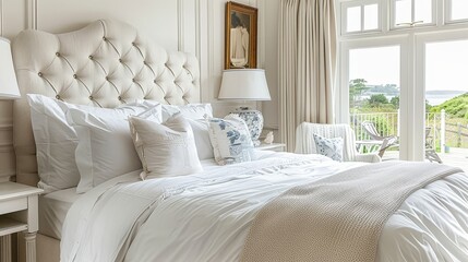 Experience a serene escape in this beautifully decorated coastal cottage bedroom featuring bespoke furniture and elegant bedding.