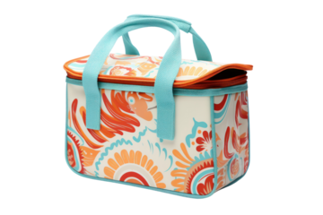 insulated beach cooler bag with a retro design and a fun pattern, isolated on white background