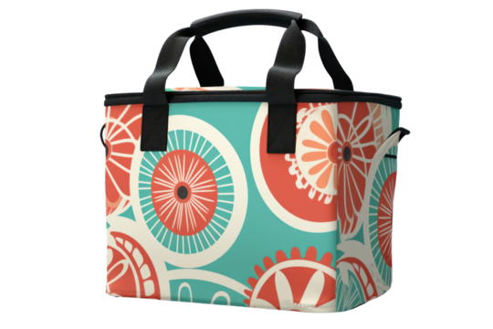 insulated beach cooler bag with a retro design and a fun pattern, isolated on white background