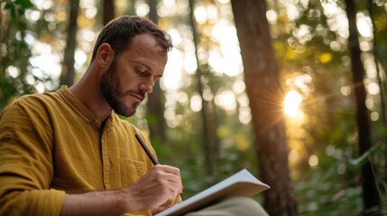 Fototapeta premium Creative Mindfulness: Close-Up of Man Sketching in Vibrant Forest Fusion