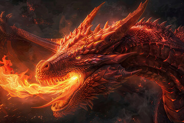 Fantasy art of a giant red dragon breathing fire with detailed scales and glowing eyes