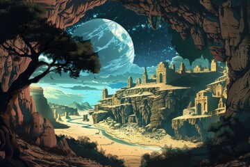 A City Built on the Edge of a Canyon With a View of a Distant Planet