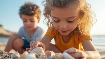 Mindful Kids Exploring Seashells with Curiosity and Whimsical Joy at Seashore Fusion Playground