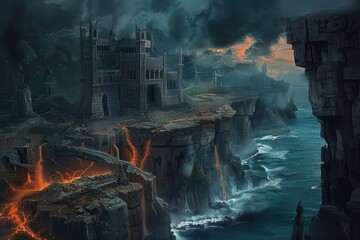A Dark and Mystical City Perched on Cliff Edges With Lava Flows and a Rough Sea