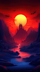 Gothic Castle Silhouette Against Dramatic Sunset