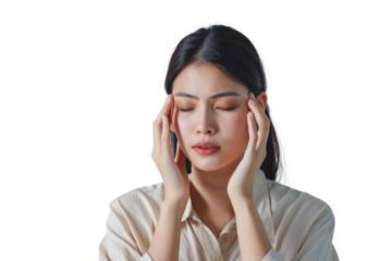 Asian woman suffering from headache, massaging her head, isolated on white background