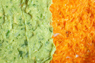 Vibrant dual-texture culinary image showcasing fresh guacamole and shredded carrot. Food textures and colors.