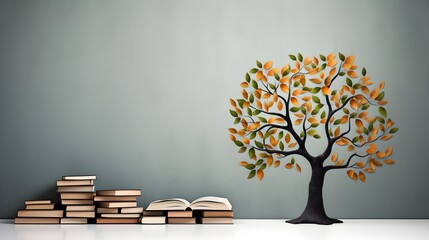 Autumn Leaves Tree Sprouting From From Book on Grey Background. Knowledge Concept