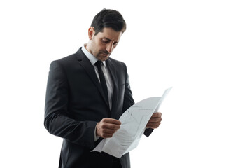 Businessman in formal attire examining paperwork, isolated on white background