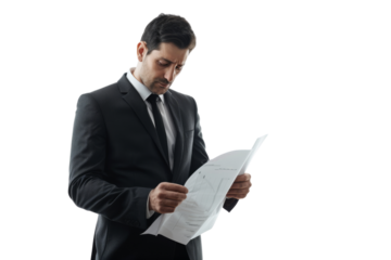 Businessman in formal attire examining paperwork, isolated on white background