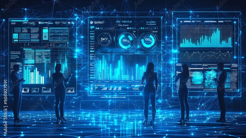 Poster digital wireframe business figures analyzing data on futuristic screens