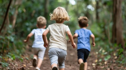 Playful Kids Exploring Mindfulness in Forest Trail with Whimsical Touch