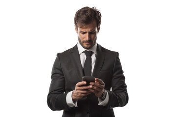 Concerned businessman checking email on smartphone Isolated on white background