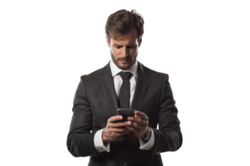 Concerned businessman checking email on smartphone Isolated on white background