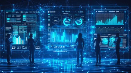 Digital wireframe business figures analyzing data on futuristic screens