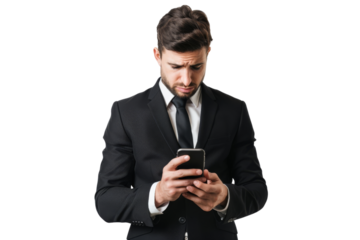 Concerned businessman checking email on smartphone Isolated on white background