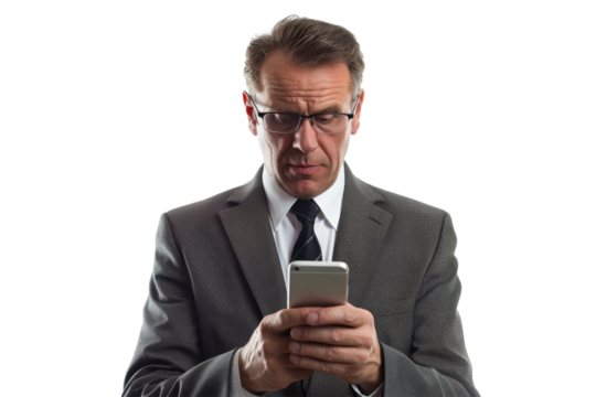 Concerned businessman checking email on smartphone Isolated on white background